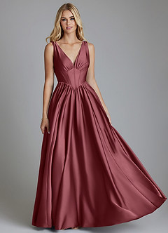Azazie Delmie Robes de demoiselle d'honneur Robe Trapèze en Satin extensible Corset Rose Du Désert image1