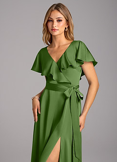 Azazie Lainey At-home Try On Dresses Eucalyptus A-Line with Pockets Stretch Satin Dress image6
