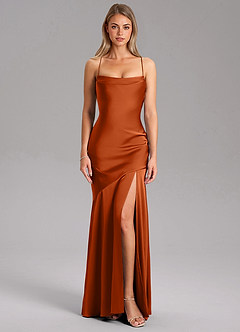 Azazie Grata Bridesmaid Dresses Burnt Orange Sheath Side Slit Stretch Satin Dress image3
