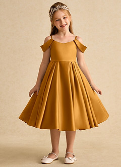 Azazie Favia Flower Girl Dresses Butterscotch A-Line Off the Shoulder Matte Satin Dress image1