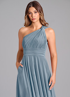 Azazie Charlize Vestidos de damas de honor Vestido de Azul Polvoriento de terciopelo de Corte en A con Hombro unilateral image6