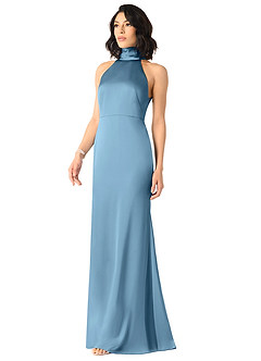 Azazie x Delaney Bridesmaid Dresses Steel Blue Sheath High Neck Stretch Satin Dress image2