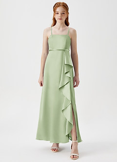 Azazie Kaylee Junior Robe Trapèze en Satiné métallisé avec ceinture Vert Sauge image5