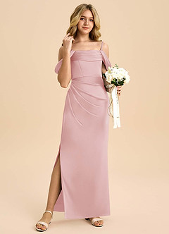 Azazie Saige Junior Abito Tubino in Raso Elasticizzato a Spalla Scoperta Rosa Cipria image4