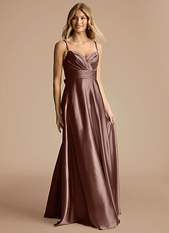 Azazie Oliana Bridesmaid Dresses Espresso A-Line Pleated Metallic Satin Dress image4
