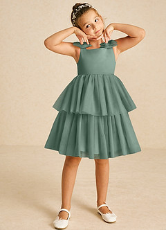 Azazie Vanellope Flower Girl Dresses Eucalyptus A-Line Bow Tulle Dress image3