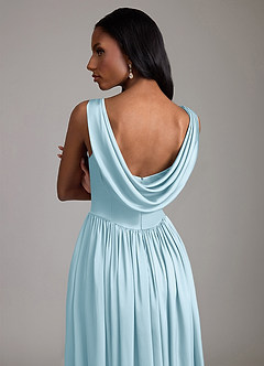 Azazie Novi At-home Try On Dresses Sky Blue A-Line with Pockets Stretch Satin Dress image4