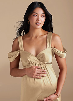 Azazie Rhea Maternity Bridesmaid Dresses A-Line Pleated Metallic Satin Floor-Length Dress image3