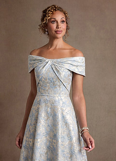 Azazie Harriett Moeder van de bruid jurken A-Lijn Jurk van Bloemenjacquard Off the Shoulder Stoffig Blauw image3
