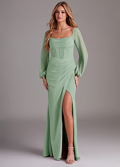 Azazie Charissa Bridesmaid Dresses Agave Sheath Long Sleeve Chiffon Dress image1