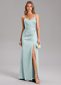 Azazie Azuree Bridesmaid Dresses Mist A-Line Pleated Stretch Satin Dress image1