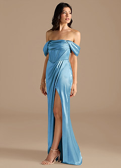 Azazie Lynden Bridesmaid Dresses Steel Blue Sheath Off the Shoulder Metallic Satin Convertible Dress image7