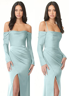 Azazie Hallie Bridesmaid Dresses Sea Glass Sheath Off-The-Shoulder Long Sleeve Stretch Satin Convertible Dress image8