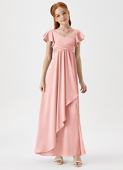 Azazie Omari Junior Powder Pink A-Line Pleated Stretch Satin Dress image3