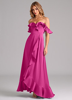 Azazie Lyra Jurken voor bruidsmeisjes Converteerbaar Jurk van Stretch Satijn met A-Lijn Off the Shoulder Fuchsia image4