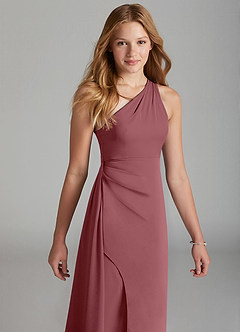 Azazie Maron Junior Desert Rose A-Line Pleated Stretch Satin Dress image3