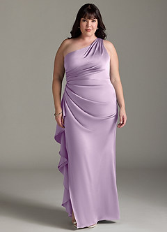Azazie Latrice Bridesmaid Dresses Frosted Lilac Sheath One Shoulder Cascading Ruffles Stretch Satin Dress image6