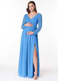 Azazie Teton Zwangerschaps Bruidsmeisjekleding A-Lijn Lange mouw Chiffon Vloerlengte Jurk image1