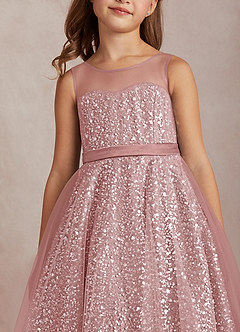 Azazie Siwa Robe Demoiselle D'honneur Fillette Robe Trapèze en Tulle Perlé Rose Poussiéreuse image4