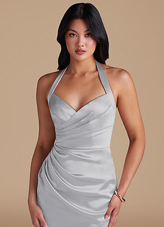 Azazie Emeria Vestidos de damas de honor Vestido de Plata de Satén Metálico de Corte Recto con Corte Lateral image3