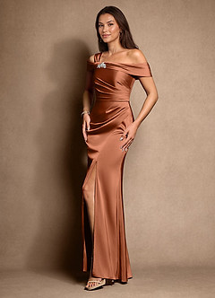 Azazie Altonia Mother of the Bride Dresses Copper Mermaid Off the Shoulder Stretch Satin Dress image5