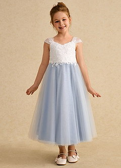 Azazie Momo Flower Girl Dresses Ivory Steel Blue A-Line Lace Dress image3