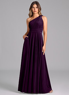 Azazie Charlize Bridesmaid Dresses Grape A-Line One Shoulder Velvet Dress image1