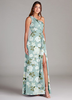 Azazie Brooke Bridesmaid Dresses Misty Floral Garden A-Line One Shoulder Stretch Satin Dress image4