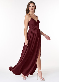 Azazie Raya Final Sale Cabernet A-Line V-Neck Pleated Stretch Satin Dress image4