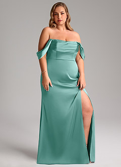 Azazie Saige Bridesmaid Dresses Aqua Sheath Off the Shoulder Stretch Satin Dress image13