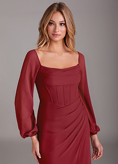 Azazie Charissa Bridesmaid Dresses Pomegranate Sheath Long Sleeve Chiffon Dress image7