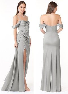 Azazie Amyra Robes de demoiselle d'honneur Robe Fourreau Convertible en Satin extensible Épaule décolletée Argent image8