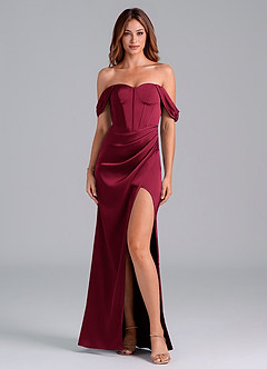 Azazie Asha Bridesmaid Dresses Burgundy Sheath Off the Shoulder Stretch Satin Convertible Dress image1