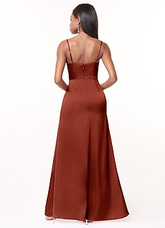 Azazie Maci Bridesmaid Dresses Terracotta A-Line V-Neck Pleated Stretch Satin Dress image2