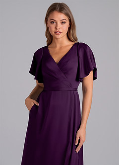 Azazie Ambrosia Bridesmaid Dresses Grape A-Line Pleated Stretch Satin Dress image2