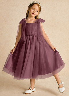 Azazie Dori Robe Demoiselle D'honneur Fillette Robe Trapèze en Tulle Rayé Sangria image4