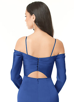 Azazie Hallie Bridesmaid Dresses Royal Blue Sheath Off-The-Shoulder Long Sleeve Stretch Satin Convertible Dress image7