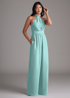 Azazie Lamara Robes de demoiselle d'honneur Combinaison Convertible en Mousseline de soie Épaule décolletée Aqua image12