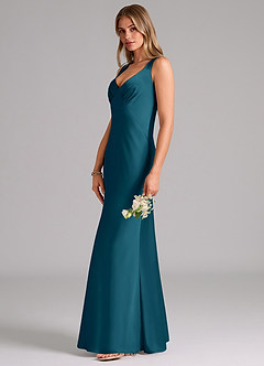 Azazie Kamila Robes de demoiselle d'honneur Robe Trapèze en Satin extensible Plissée Bleu Encre image6