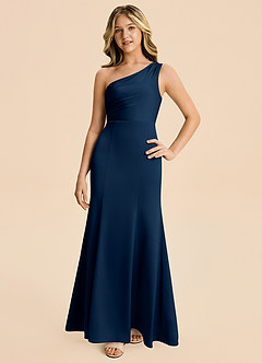 Azazie Ren Junior Dark Navy A-Line Pleated Stretch Satin Dress image4