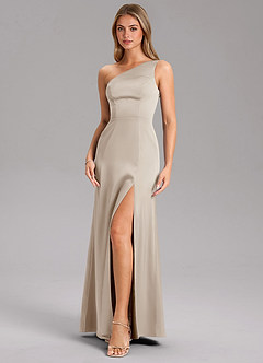 Azazie Phaedra Bridesmaid Dresses Frost A-Line One Shoulder Stretch Satin Dress image6