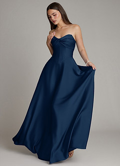 Azazie Meleena Bridesmaid Dresses Dark Navy A-Line Strapless Stretch Satin Dress image5