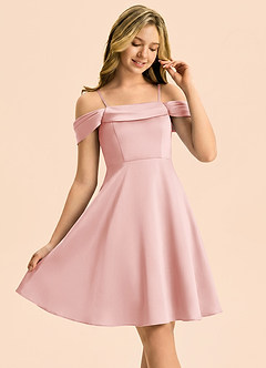 Azazie Anselie Junior Powder Pink A-Line Off the Shoulder Stretch Satin Dress image1