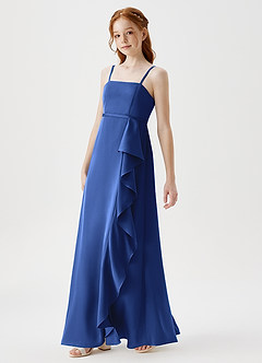 Azazie Kaylee Junior Royal Blue A-Line with Belt Stretch Satin Dress image4
