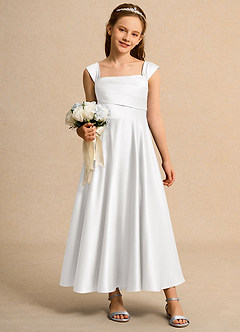 Azazie Bundle Girls Formal Abiti da Ragazza di Fiori Abito A-Line in Raso Opaco Plissettato Bianco image3