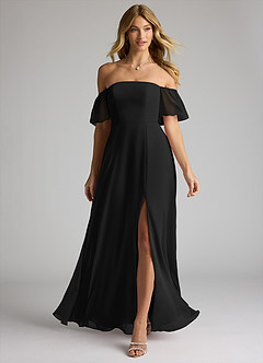 Azazie Sue Bridesmaid Dresses Black A-Line Off the Shoulder Chiffon Convertible Dress image1