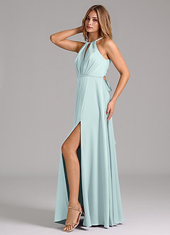 Azazie Evalleen Bridesmaid Dresses Mist A-Line Pleated Stretch Satin Dress image4