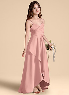 Azazie Prisha Junior Rosette A-Line Pleated Stretch Satin Dress image1