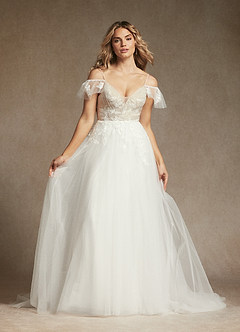 Azazie Iva Wedding Dresses Diamond White Champagne A-Line V-Neck Sequins Tulle Dress image4