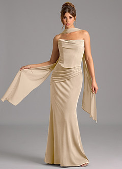 Azazie Sorrel Robes de demoiselle d'honneur Robe Sirène Convertible en velours Corset Champagne image1